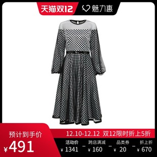 Katy Huang style 黑白拼色格子网纱拼接女士长袖连衣裙