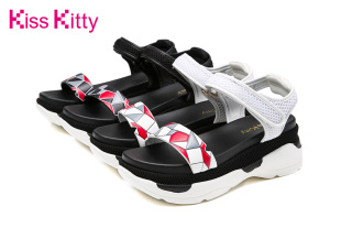 Kiss Kitty专柜女鞋2016夏新款不规则格纹拼色厚底松糕鞋