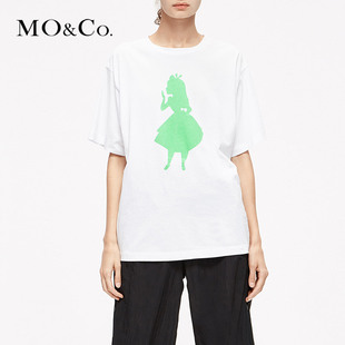MOCO纯棉圆领爱丽丝图案印花T恤