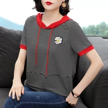 Black stripe short sleeve T-shirt women's Hoodie 2020 summer new middle-aged mother cotton small wrinkle