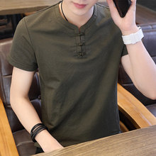 Chinese Style Men's linen short sleeve T-shirt Korean Vintage collar half sleeve clothes cotton hemp man