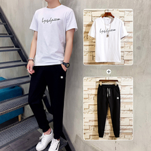 2020 summer new suit men's round neck short sleeve trousers set with two pieces of pure cotton