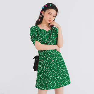 碎花短裙复古法式绿色连衣裙小清新