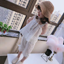 2019 children's summer small fresh Suit Girls' baby sling hollow lace top+