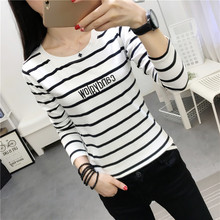 Long sleeved T-shirt girl 2020 spring and autumn new slim black and white stripes versatile Korean student off