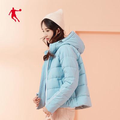 乔丹运动棉服女2019冬季新款连帽加厚面包服加绒女士运动外套女