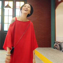 Large size thin single side off shoulder suspender chiffon dress women's summer Korean version loose long big