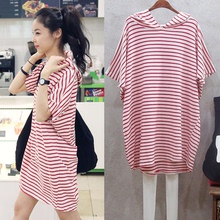 2020 spring new Korean women's small shirt summer stripe hooded medium long short sleeve t