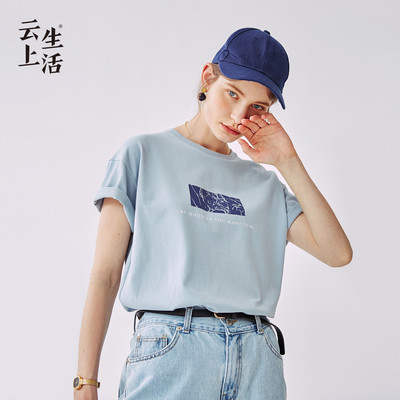 云上生活烟灰蓝短袖女2019夏薄t恤