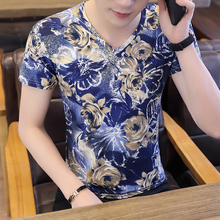 Summer thin T-shirt short sleeve Korean slim V-neck T-shirt youth Pullover half sleeve print